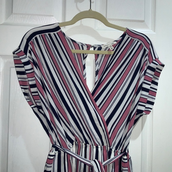 Sophia + Zeke faux wrap pink black striped jumpsuit Sz XL cap sleeve waist tie - Picture 4 of 10